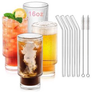 lot 1829 image: Combler Ribbed Glass Cups with Glass Straws, 16 oz Drinking Glasses, Iced Coffee Cup, Ribbed Glassware Set of 4, Aesthetic Cocktail Glasses, Thick Glass Coffee Cups, Coffee Bar Accessories