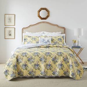 lot 1837 image: Laura Ashley Linley Collection Quilt Set-100% Cotton, Reversible, Lightweight & Breathable Bedding, Pre-Washed for Added Softness, Queen, Pale Yellow
