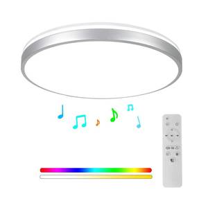 lot 1841 image: HOREVO Bathroom Ceiling Light with Remote Control with Bluetooth Speaker, 24W Diammble Color Changing, LED Flush Mount Shower Light Fixture for Living Room, Bedroom, Kitchen Silver, (Need Wired)