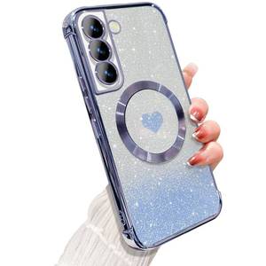 lot 2369 image: ZONRW for Samsung Galaxy S21 FE Case Magnetic,for Women Girl Soft Luxury Plating Bling Gradient Glitter Cute Heart Cover Compatible with MagSafe Clear Shockproof Protective Phone Case 6.4-Blue