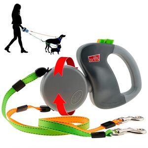 lot 2383 image: WIGZI (2 Two Dog Reflective Retractable Pet Leash 360 Degree Zero Tangle Patent - Two Dogs Each up to 50 lbs and 10ft. Reflective Orange and Green Leads. Dual Locking, Small, Gray