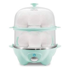 lot 2402 image: Elite Gourmet EGC1405M 2-Tiered Rapid Egg Cooker, 5-Egg Poacher, Omelets, Soft, Medium, Hard-Boiled Eggs with Auto Shut-Off and Buzzer, BPA Free, 14 eggs, Mint