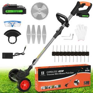 lot 3053 image: Cordless Weed Eater String Trimmer,3-in-1 Lightweight Push Lawn Mower & Edger Tool with 3 Types Blades,21V 2Ah Li-Ion Battery Powered for Garden and Yard,Black (USED & Trim Line Feeder Motor Exposed)