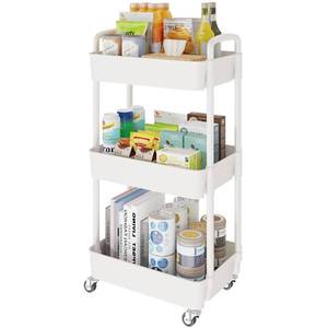 lot 3067 image: Laiensia 3-Tier Storage Cart,Multifunction Kitchen Storage Organizer,Mobile Shelving Unit Utility Rolling Cart with Lockable Wheels for Bathroom,Laundry,Living Room,With Classified Stickers,White
