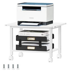 lot 3069 image: Lerliuo Under Desk Printer Stand, 2-Tier Industrial Mobile Printer Table with Storage Shelf and Steel Frame, Rolling Printer Cart Holder with Lockable Wheels for Home, Office (White)