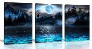 lot 3075 image: Wall Decorations For Living Room Moon Deer Ocean Landscape Picture Teen Room Decor Wall Art For Bedroom Modern Decor 3 Piece Framed Ready To Hang Moon Wall Art 3 Piece Wall Art Size 12x16 Each Panel