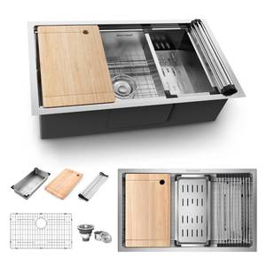 lot 5527 image: Undermount Workstation Kitchen Sink Gaomasck 32x19x10 Stainless Steel Undermount Workstation Sink,16 Gauge Stainless Steel 10 Deep Handmade Single Bowl Kitchen Sink With Accessories - Retail $234.92