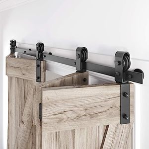 lot 5536 image: Roymelo 70 Bifold Sliding Barn Door Hardware Track Kit,Side Mounted Black Roller,Smoothly and Quietly,Assembly Easy,Fit Four 16.5 Bi-Folding Doors (Door Not Included) - Retail $157.61
