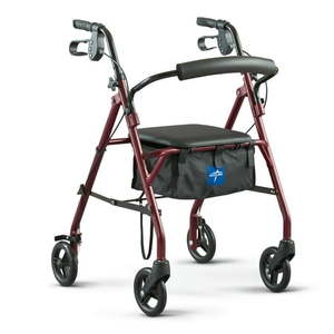 lot 5537 image: Medline Steel Rollator Walker Folding Rolling Walker 6 Wheels 350lb Weight Capacity Burgundy Red Frame