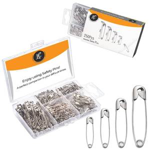 lot 6069 image: 250 Pack Safety Pins by Luxurecourt, 4 Assorted Sizes of Durable, Silver Small and Large Safety Pins Bulk, Rust-Resistant Nickel Plated Steel, Sharp Edge for Clothes, Sewing, Arts & Craft