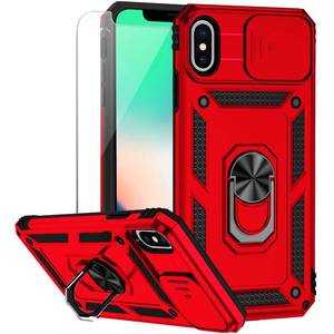lot 6091 image: M MAIKEZI for iPhone XiPhone Xs Case with Camera Lens Cover HD Screen Protector, Military Grade Drop Protection Magnetic Ring Holder Kickstand Protective Phone Case for iPhone XXs 5.8 inch (Red)