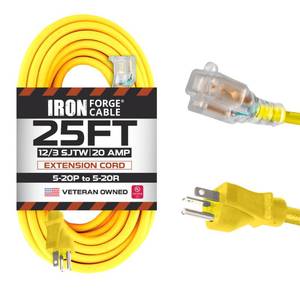 lot 6099 image: Iron Forge Cable 25 Ft 20 Amp DryerEV Extension Cord - 5-20P to 5-20R Lighted Yellow SJTW 12 Gauge Electric Cable, Heavy Duty 25 Foot 3 Prong Dryer Cord