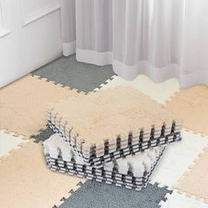 lot 7559 image: A 18 Pcs Plush Foam Floor Mat Square Interlocking Carpet Tiles with Border Fluffy Play Mat Floor Tiles Soft Climbing Area Rugs for Home Playroom Decor, 12 x 12 x 0.4 Inch (White, Light Gray, Camel)