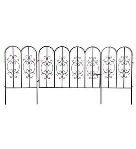 lot 7586 image: Plow & Hearth 51542-GUN Montebello Iron Metal Scroll Outdoor Garden Fence with Gate, 72 L x 34 H, Burnished Bronze Finish - Retail $119.42