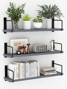 lot 7589 image: EALLRINEC Floating Shelves, 24 Inches Easy to Install Wall Mounted Shelves, Wall Shelves Set of 3, Rustic Wood Shelves for Wall D�cor, Storage Shelves for Living Room (Grey)