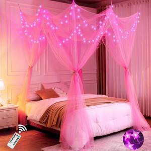 lot 7600 image: Pink Bed Canopy with Lights for Girls, 8 Corners Post Canopy Bed Curtain with Pink LED Star Lights Remote Control for Girls Bedroom, Hanging Princess Canopy for Twin Full Queen King Bed