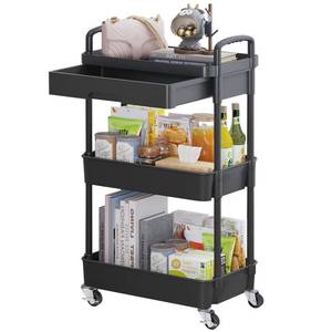 lot 7601 image: Calmootey 3-Tier Rolling Utility Cart with Drawer,Multifunctional Storage Organizer with Plastic Shelf & Metal Wheels,Storage Cart for Kitchen,Bathroom,Living Room,Office,Black