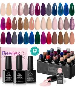 lot 8206 image: Beetles 23 Pcs Gel Nail Polish Kit - Manhattan Collection Nude Glitter Burgundy Red Champagne Gold Gel Polish Soak Off UV Glossy & Matte Top Base Coat Gifts for Women All Season
