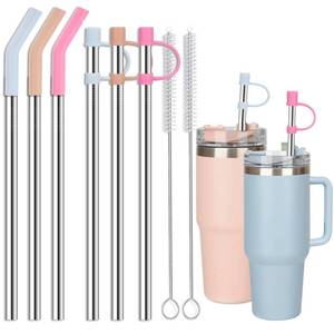 lot 8224 image: Jetstop 6 Straws with Cover for Stanley Tumbler - Reusable Stainless steel Metal with Silicone Stopper, Perfect for Stanley 14, 20, 30, 40oz Accessories