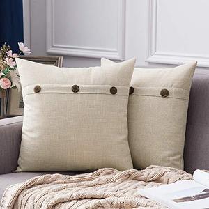 lot 8235 image: MIULEE Set of 2 Decorative Linen Throw Pillow Covers Cushion Case Triple Button Vintage Farmhouse Pillowcase for Couch Sofa Bed 18 x 18 Inch 45 x 45 cm Beige