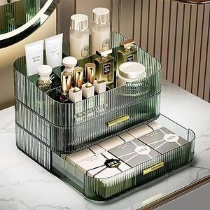 lot 9635 image: Makeup Organizer for Vanity, Large Desk Organizer with Stackable Drawers for Cosmetics, Skincare, Lipsticks, Palette, Nail Care, Ideal Storage for Dresser and Bathroom Countertop-Green