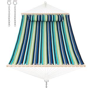 lot 9642 image: ANOW Heavy Duty Hammock with Spreader Bars and Detachable Pillow, Two Person Hammock for Outside, 450 LBS Weight Capacity, Green & Blue Stripe - Retail $79.88