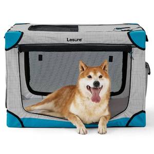 lot 9651 image: Lesure Cute Soft Collapsible Dog Crate - 30 Inch Portable Travel Dog Crate for Medium Dogs Indoor & Outdoor, 4-Door Foldable Pet Kennel with Durable Mesh Windows (Grid) - Retail $77.65
