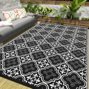 lot 9654 image: ESGHIFIVE Outdoor Rug 8x10ft Waterproof, Plastic Straw Patio Rug for Camping, Reversible Indoor Outdoor Carpet Mat, Portable Large Area Rug for Outside, RV, Backyard, Deck, Picnic, Black & White