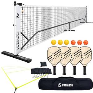 lot 9656 image: Patiassy Pickleball Net Set with Pickleball Court Marking Kit 22FT Portable Pickleball Nets with Net Tension Adjuster, Wood Paddles Set of 4 and Carrying Bag (Maybe Missing Pieces)
