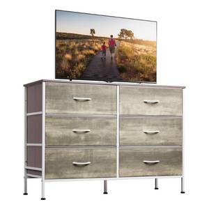lot 9671 image: WLIVE Wide Dresser with 6 Drawers, TV Stand for 50in TV, Entertainment Center with Metal Frame, Wooden Top, Fabric Storage Dresser for Bedroom, Hallway, Entryway, Greige