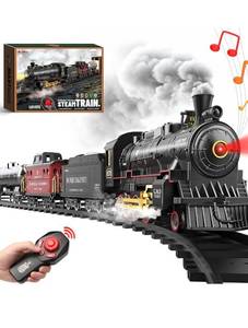 lot 1772 image: Hot Bee Train Set for Boys - Remote Control Train Toys wSteam Locomotive, Cargo Cars & Tracks,Trains wRealistic Smoke,Sounds & Lights,Christmas Train Toys for 3 4 5 6 7 Years Old Kids