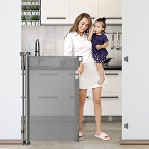 lot 2402 image: 42-Inch Extra Tall Retractable Baby Gates for Doorways 56 Wide Baby Gate Tall Retractable Dog Gate Indoor Outdoor Extra Tall Pet Gate Adjustable Tall Dog Gate for Stairs Dog Gates for the House, Grey