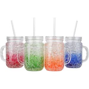 lot 2413 image: Lilys Home Double Wall Gel-Filled Acrylic Freezer Mason Jar Mugs with Lids and Straws, Great as Old Fashion Drinking Glasses at BBQs and Parties, Assorted Colors (18 oz. Each, Set of 4)