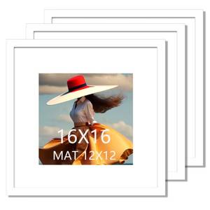lot 2424 image: SKAOTUS 16x16 Picture Frame 3 Pack White Solid Wood for Mat 12x12 Wall Mounting Square Poster Frames