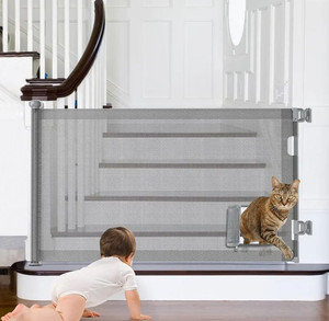 lot 1803 image: Retractable Baby Gates, Pet Gate with Cat Door - 33 Tall, Extends to 55 Wide Dog Gate for Stairs, Mesh Baby Gate with Door for CatsSmall Dogs, Easy Install for Doorways, Indoor &Outdoor