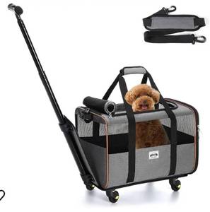 lot 1811 image: Lekesky Cat Dog Carrier with Wheels Airline Approved Rolling Pet Carrier with Telescopic Handle and Shoulder Strap, Grey