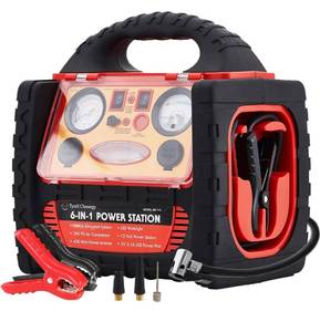 lot 1813 image: 1800 Peak Amp Portable Power Station Jump Starter,with 260 PSI Tire InflatorAir Compressor,400W Power Inverter Dual ACDC Ports,2.1A USB Port,Battery Clamps