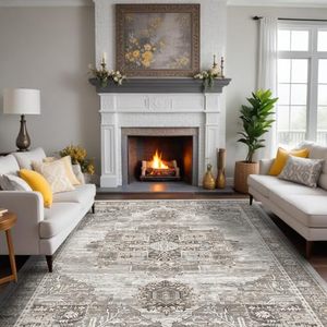 lot 1822 image: RUUGME Washable 8x10 area rugs - Large Rugs for Living Room Stain Resistant Carpet Vintage Rugs for Bedroom with Non Slip Backing Home Decor Floor Decoration Mat (8x10 Grey) - Retail $193.81