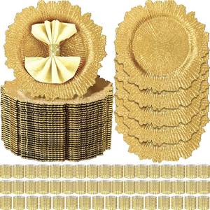 lot 1838 image: Box of Gold Charger Plates with Napkin Rings Bulk 13 Inch Reef Charger Plate Napkin Rings Plastic Round Floral Dinner Plates Elegant Wedding Party Supplies Birthday Table Setting - Retail $106.03