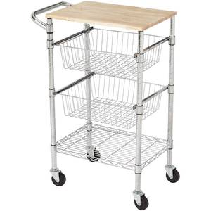lot 1788 image: Amazon Basics 3-Tier Metal Basket Rolling Cart with Wood Top, Silver