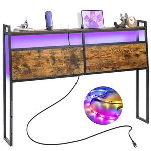 lot 2347 image: YORKING LED Queen Size Headboard with 60,000 DIY Color of LED Light & 2 Outlets and 2 USB PortsType C Port, Headboard with Storage Attach Frame, Easy Assembly - Rustic Brown - Retail $92.87
