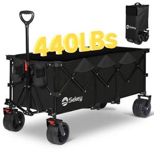 lot 2364 image: Sekey 48L Collapsible Foldable Extended Wagon with 440lbs Weight Capacity, Heavy Duty 300L Folding Utility Garden Cart with Big All-Terrain Beach Wheels & Drink Holders. Black - Retail $147.65