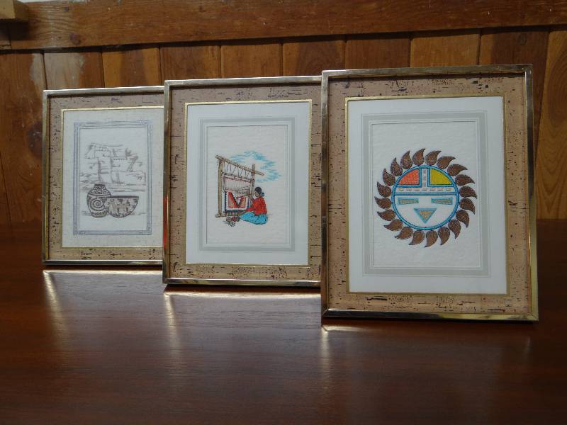 lot 805 image: 3- Navajo embroidery frame art