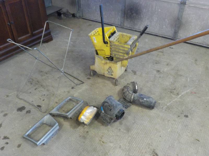 lot 3597 image: mop bucket w mop, ford van parts , wire trash bag holder