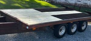 lot 1853 image: 28Ft x 7Ft Heavy Duty 3-7500lb Axle Trailer - 6 New Tires - New Heavy Duty Wood Deck - 6Ft Fold Down Ramps - Pintle Hitch