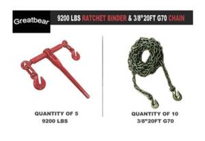 lot 1887 image: UNUSED - Five Ratchet Binders & Ten 20Ft Chains - Qty of (5) 9,200LBS Ratchet Binders and Qty of (10) 38in - 12in 20FT Length Chains