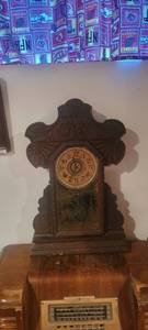 lot 2184 image: Antique wooden clock.