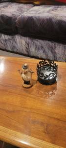 lot 2206 image: Metal candle holder and wooden snowman.