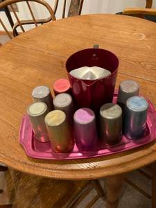 lot 3136 image: Vintage Regal aluminum tray, 9) aluminum glasses, aluminum pitcher