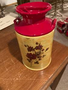 lot 3153 image: 11 14 ceramic milk can Full of canning jar rims